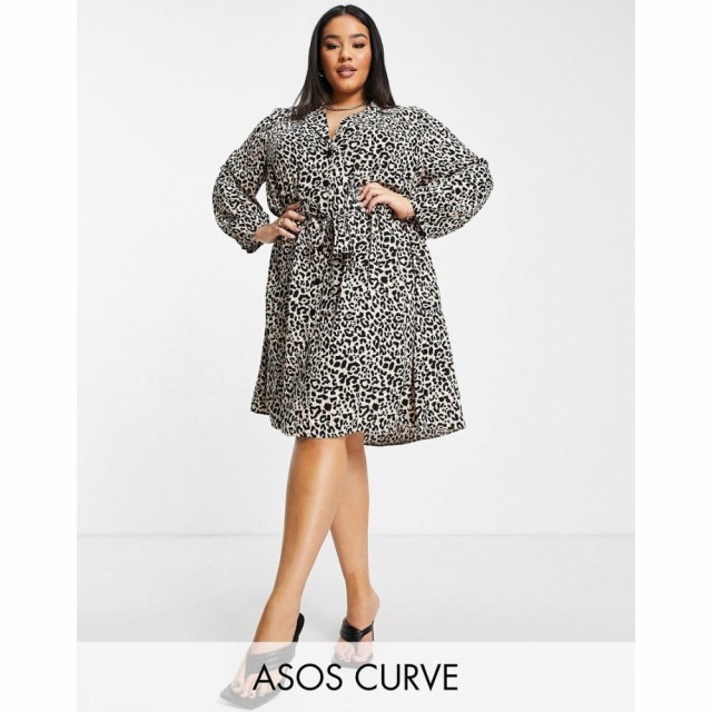 エイソス ASOS DESIGN レディース ワンピース ミニ丈 ワンピース・ドレス Curve Button Through Ruched Waist Mini Dress In Natural Ani