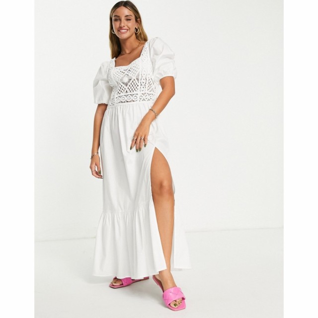 エイソス ASOS DESIGN レディース ワンピース マキシ丈 ワンピース・ドレス Crochet Insert Cotton Poplin Maxi Dress In White ホワイト