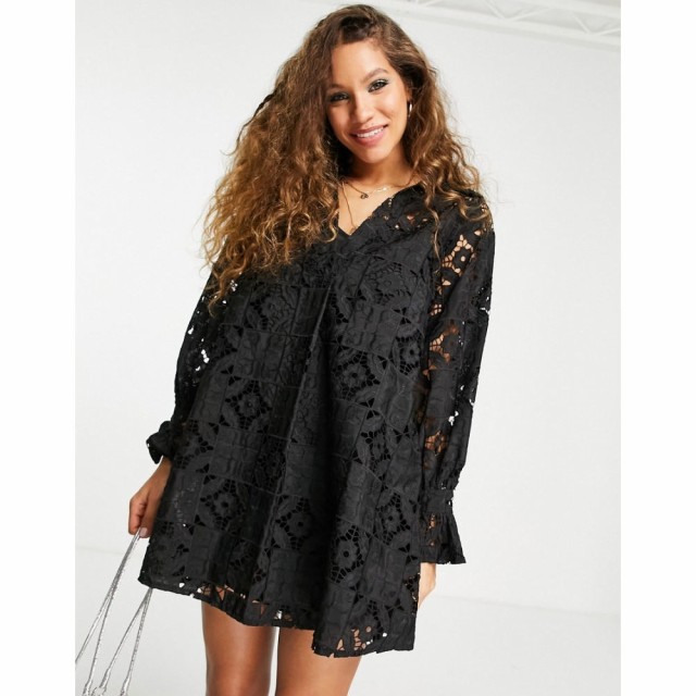 エイソス ASOS DESIGN レディース ワンピース ミニ丈 シャツワンピース Premium Trapeze Mini Shirt Dress In Patched Lace In Black ブ