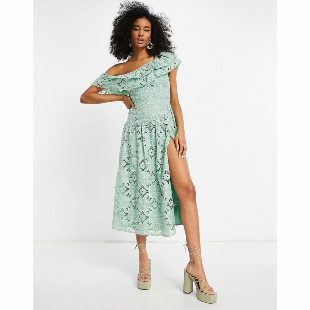 エイソス ASOS DESIGN レディース ワンピース ワンピース・ドレス Premium One Shoulder Midi Dress In Patched Lace In Sage セージグリ