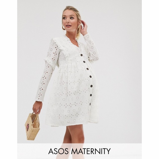 エイソス ASOS Maternity レディース ワンピース マタニティウェア Ａライン Maternity Broderie Button Through Tiered Smock Mini Dres