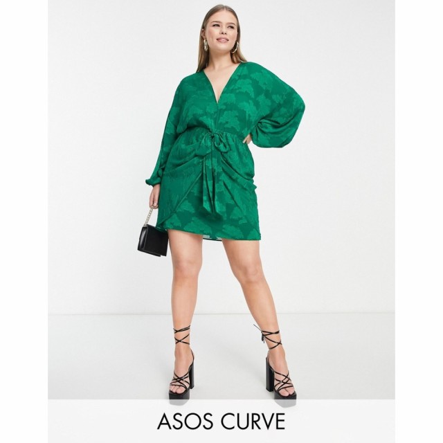 エイソス ASOS Curve レディース ワンピース ミニ丈 ワンピース・ドレス Curve Plunge Tie Front Mini Dress In Floral Jacquard In Gree