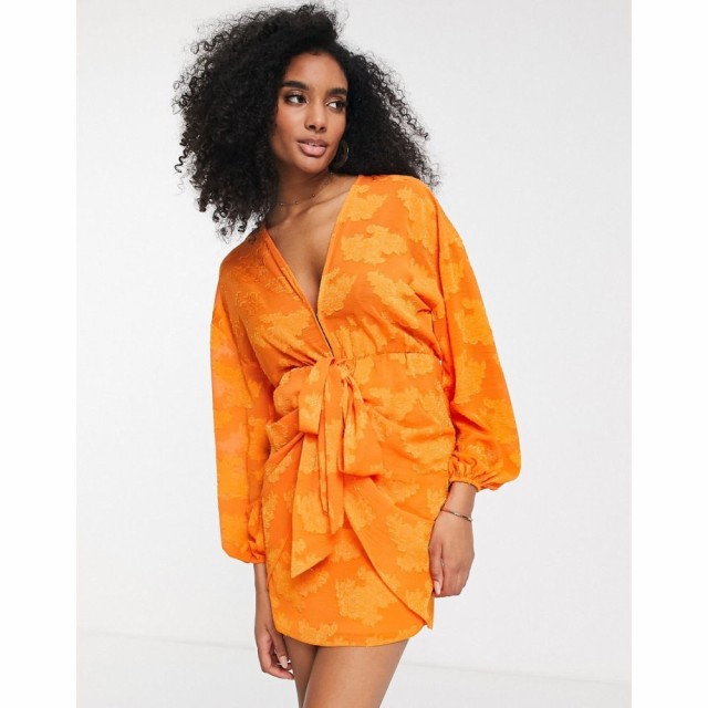 エイソス ASOS DESIGN レディース ワンピース ミニ丈 ワンピース・ドレス Plunge Tie Front Mini Dress In Floral Jacquard In Orange オ