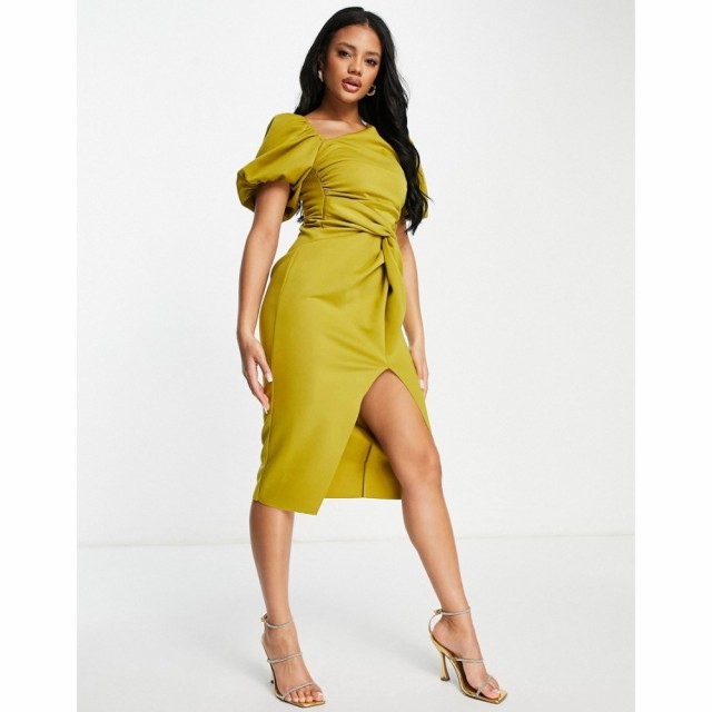 エイソス ASOS DESIGN レディース ワンピース ミドル丈 ワンピース・ドレス Asymmetric Puff Sleeve Knot Tuck Midi Dress In Lime ライ