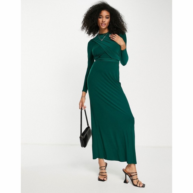 エイソス ASOS DESIGN レディース ワンピース マキシ丈 ワンピース・ドレス Long Sleeve Twist Halter Front Maxi Dress In Forest Green