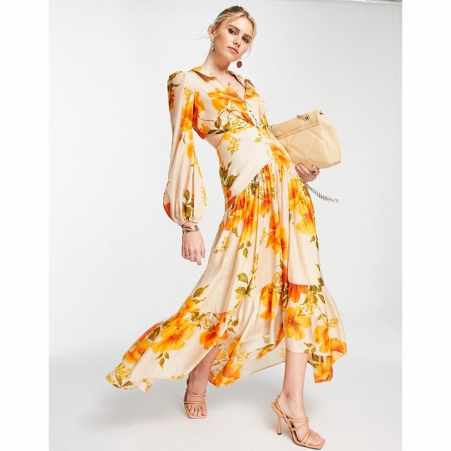 エイソス ASOS DESIGN レディース ワンピース Ａライン Tiered Viole Maxi Dress With Collar And Button Detail In Orange Floral オレ