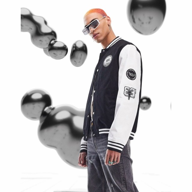 エイソス ASOS DESIGN メンズ ブルゾン アウター Oversized Varsity Jacket In Black With Badging And Contrast Sleeves ブラック