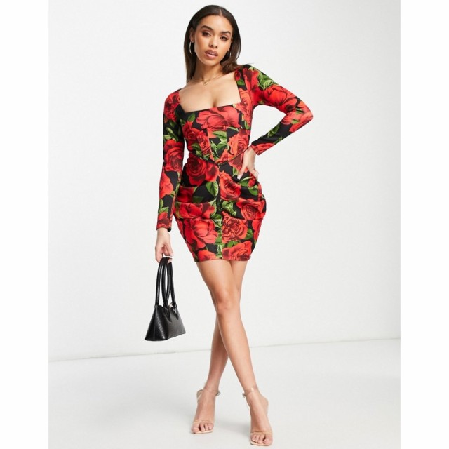 エイソス ASOS DESIGN レディース ワンピース コルセット ミニ丈 Square Neck Corset Long Sleeve Side Ruched Mini Dress In Red Floral