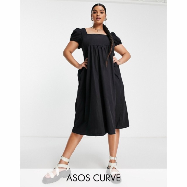 エイソス ASOS Curve レディース ワンピース デニム ウォッシュ加工 ベビードール ミドル丈 Curve Soft Denim Babydoll Midi Dress In Wa