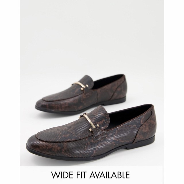 エイソス ASOS DESIGN メンズ ローファー シューズ・靴 Loafers In Brown Faux Leather With Snake Effect And Snaffle Detail ブラウン