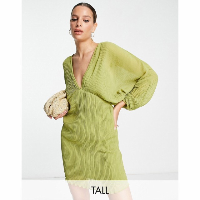 エイソス ASOS Tall レディース ワンピース ミニ丈 ワンピース・ドレス Tall Bias Plisse Mini Dress With Batwing Sleeve In Olive オリ