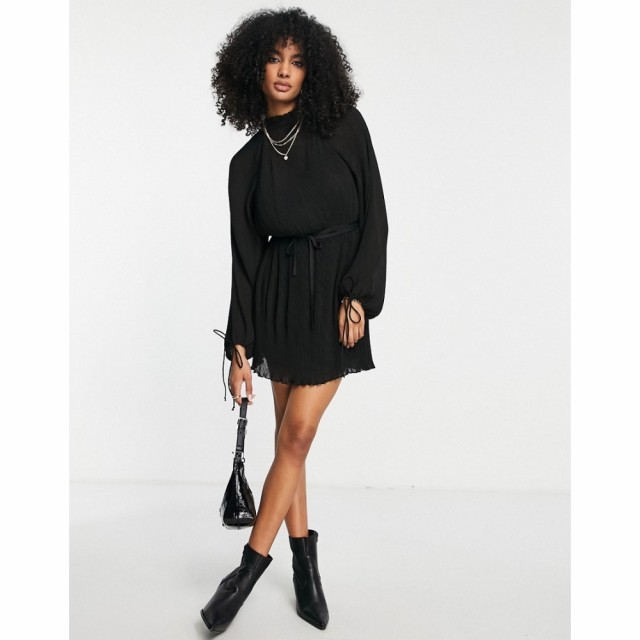 エイソス ASOS DESIGN レディース ワンピース ミニ丈 ワンピース・ドレス High Neck Plisse Mini Dress With Blouson Sleeve And Tie Det