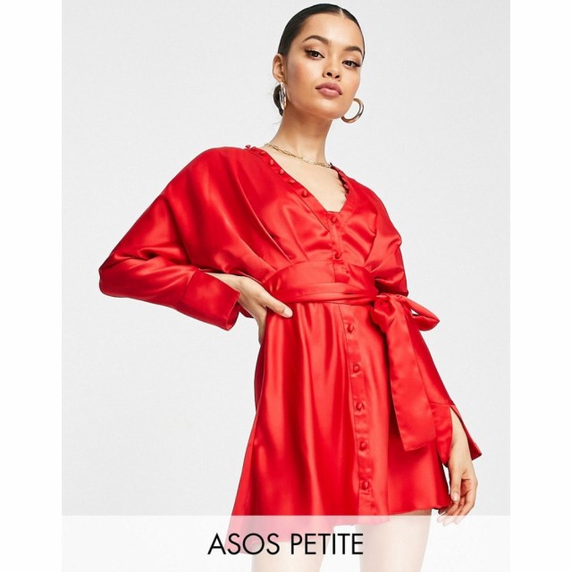 エイソス ASOS Petite レディース ワンピース ミニ丈 ワンピース・ドレス Petite Satin Batwing Mini Dress With Button Detail And Tie