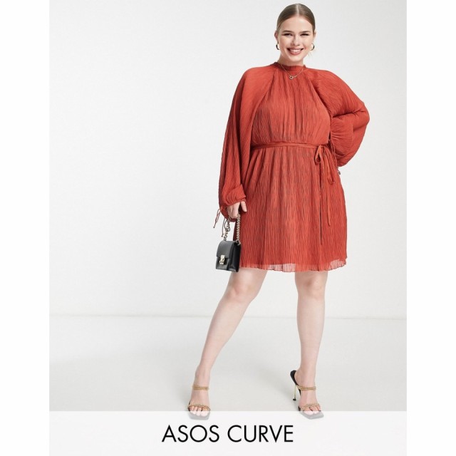 エイソス ASOS Curve レディース ワンピース ミニ丈 ワンピース・ドレス High Neck Plisse Mini Dress With Blouson Sleeve And Tie Deta