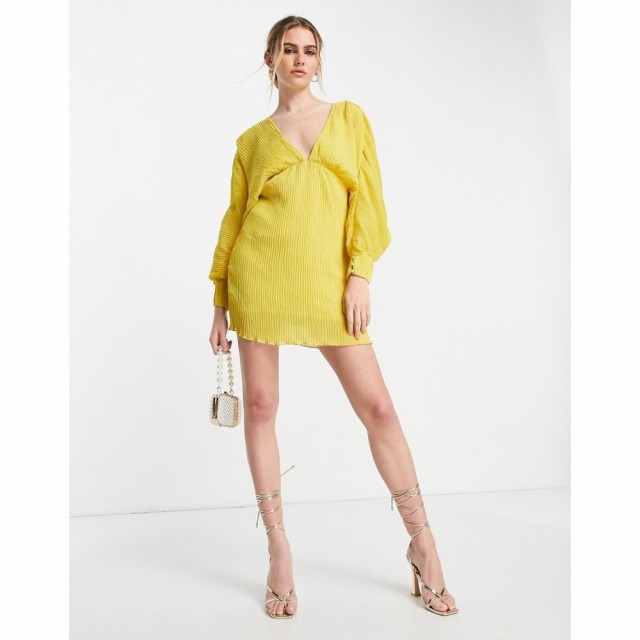 エイソス ASOS DESIGN レディース ワンピース ミニ丈 ワンピース・ドレス Bias Plisse Mini Dress With Batwing Sleeve In Mustard マス