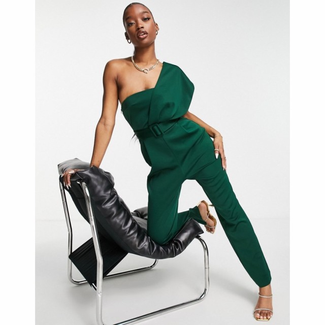 エイソス ASOS DESIGN レディース オールインワン ジャンプスーツ One Shoulder Scuba Belted Jumpsuit In Forest Green フォレストグリ