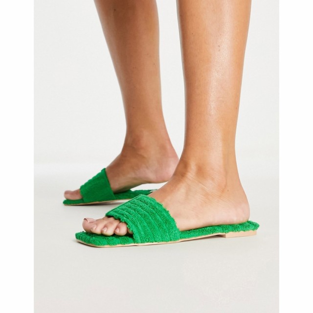 シミ Simmi Wide Fit レディース サンダル・ミュール フラット シューズ・靴 Simmi London Wide Fit Towelling Flat Sandal In Green グ