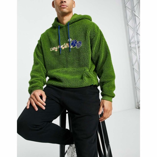 エイソス ASOS DESIGN メンズ パーカー トップス Asos Daysocial Oversized Hoodie In Teddy Borg With Logo Embroidery In Green グリー