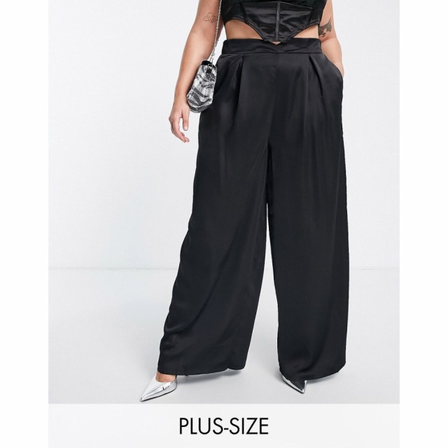 フラウンスロンドン Flounce London Plus レディース ボトムス・パンツ Pleated Wide Leg Satin Trousers In Black ブラック