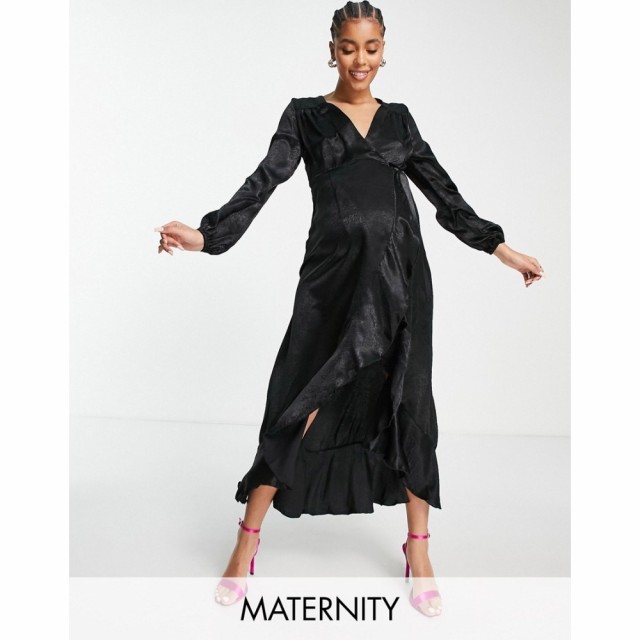 フラウンスロンドン Flounce London Maternity レディース ワンピース ラップドレス マキシ丈 Long Sleeve Wrap Maxi Dress In Black ブ