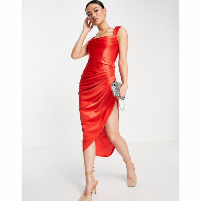 エイソス ASOS DESIGN レディース ワンピース コルセット ミドル丈 ワンピース・ドレス Satin Drape Corset Midi Dress In Bright Red ブ