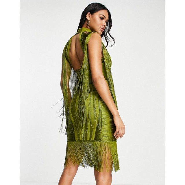 エイソス ASOS DESIGN レディース ワンピース ミニ丈 ワンピース・ドレス Bandage Mini Dress With Fringe Detail In Khaki カーキ