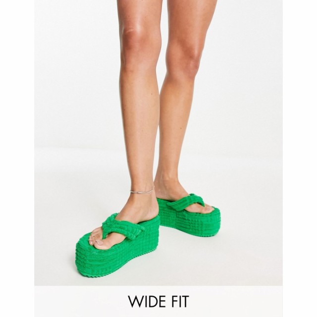 パブリックディザイア Public Desire Wide Fit レディース ビーチサンダル ウェッジソール Nell Super Wedge Flip Flops In Green Towell