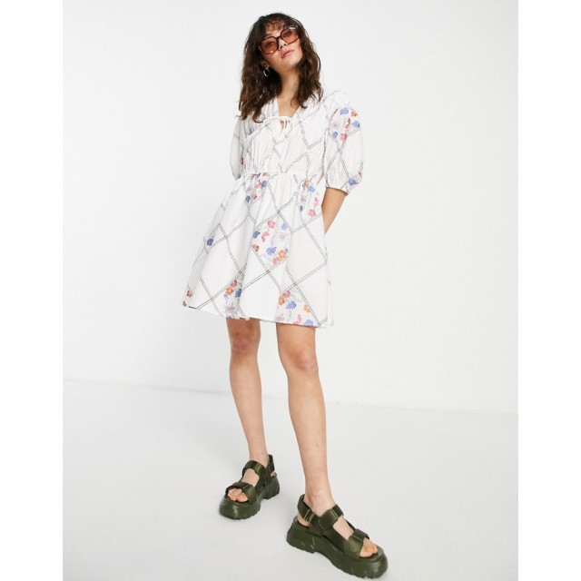 エイソス ASOS DESIGN レディース ワンピース ミニ丈 ワンピース・ドレス Tie Front Mini Smock Dress In Patchwork Floral Embroidery I