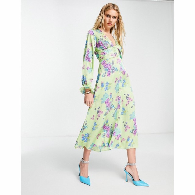 エイソス ASOS DESIGN レディース ワンピース ワンピース・ドレス Satin Button Through Midi Tea Dress With Fluted Sleeves In Green F