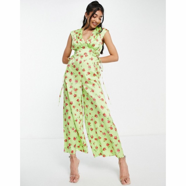 エイソス ASOS Studio Happy レディース オールインワン ジャンプスーツ Satin Tea Lace Up Side Jumpsuit In Green Floral Print グリー