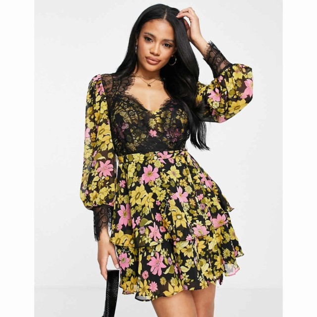 エイソス ASOS DESIGN レディース ワンピース Aライン ワンピース・ドレス Soft Mini Skater Dress In Pink Floral Print With Eyelash L