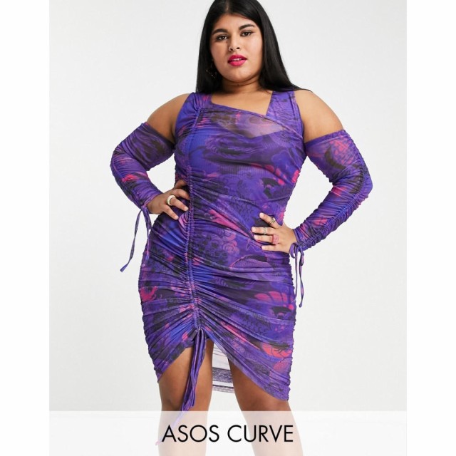 エイソス ASOS Curve レディース ワンピース ミニ丈 ワンピース・ドレス Curve Ruched Mini Dress With Arm Sleeves In Printed Mesh