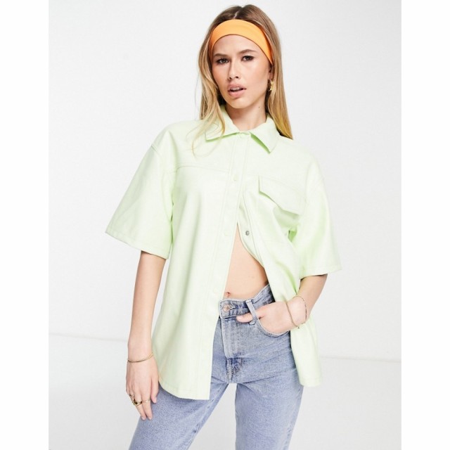 トップショップ Topshop レディース ブラウス・シャツ トップス Faux Leather Short Sleeve Shirt In Lime ライム