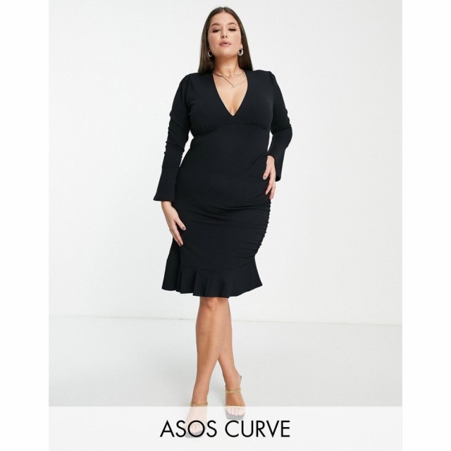 エイソス ASOS Curve レディース ボディコンドレス タイト ミドル丈 ワンピース・ドレス Curve Deep V Bodycon Midi Dress With Flared C