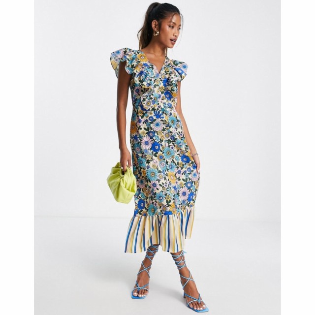 トップショップ Topshop レディース ワンピース ミドル丈 ワンピース・ドレス Mix And Match Stripe And Floral Midi Dress In Multi マ