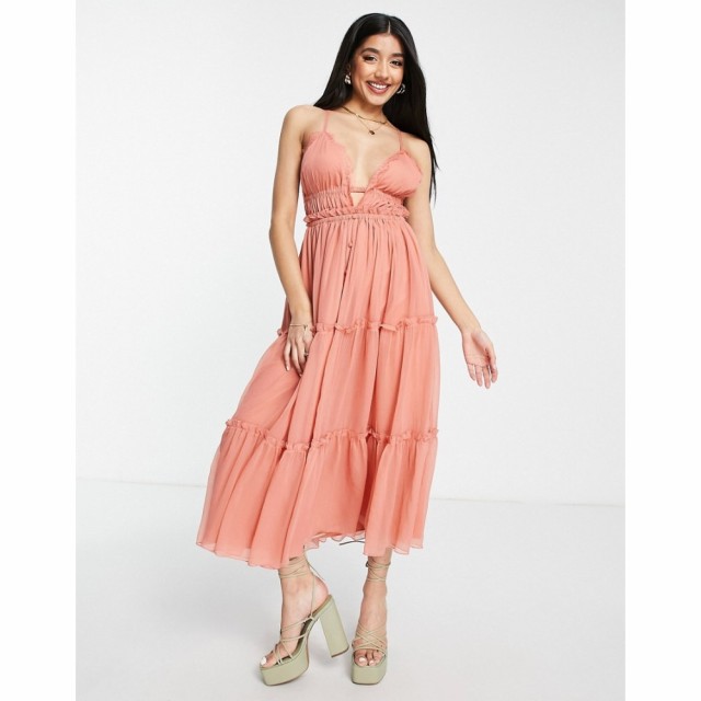 エイソス ASOS DESIGN レディース ワンピース Ａライン ワンピース・ドレス Button Through Tiered Midi Dress With Lace Trim Detail In