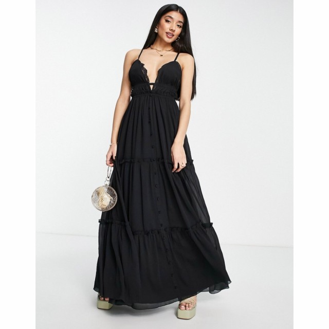 エイソス ASOS DESIGN レディース ワンピース Ａライン ワンピース・ドレス Button Through Tiered Maxi Dress With Lace Trim Detail In