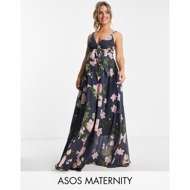 エイソス ASOS Maternity レディース ワンピース Maternity Cami Wrap Maxi Dress With Lace Up Back In Navy Floral