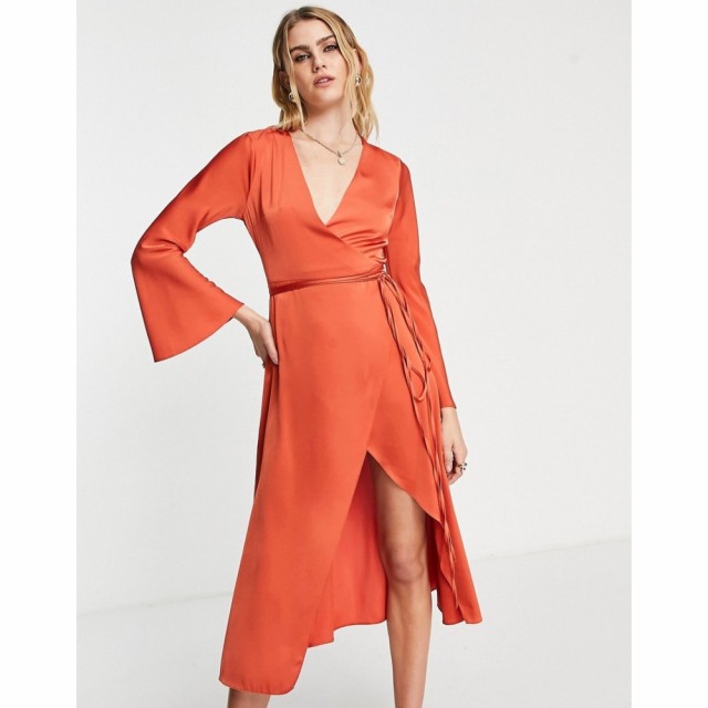 エイソス ASOS DESIGN レディース ワンピース ラップドレス ワンピース・ドレス Bias Cut Satin Wrap Dress With Tie Waist In Rust ラス