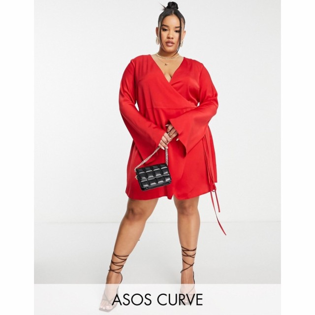 エイソス ASOS Curve レディース ワンピース ラップドレス ミニ丈 ワンピース・ドレス Curve Bias Cut Satin Wrap Mini Dress With Tie W