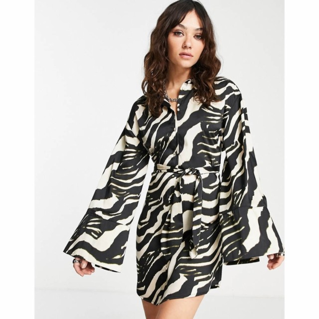 トップショップ Topshop レディース ワンピース ミニ丈 ワンピース・ドレス Satin Tie Belt Kimono Sleeve Mini Dress In Mono Zebra