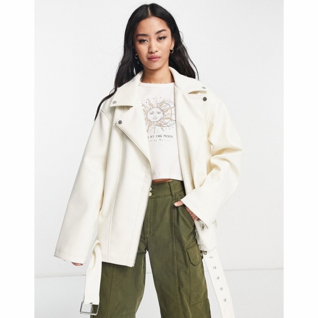 エイソス ASOS DESIGN レディース レザージャケット ライダース アウター Longline Oversized Faux Leather Biker Jacket In White ホワ