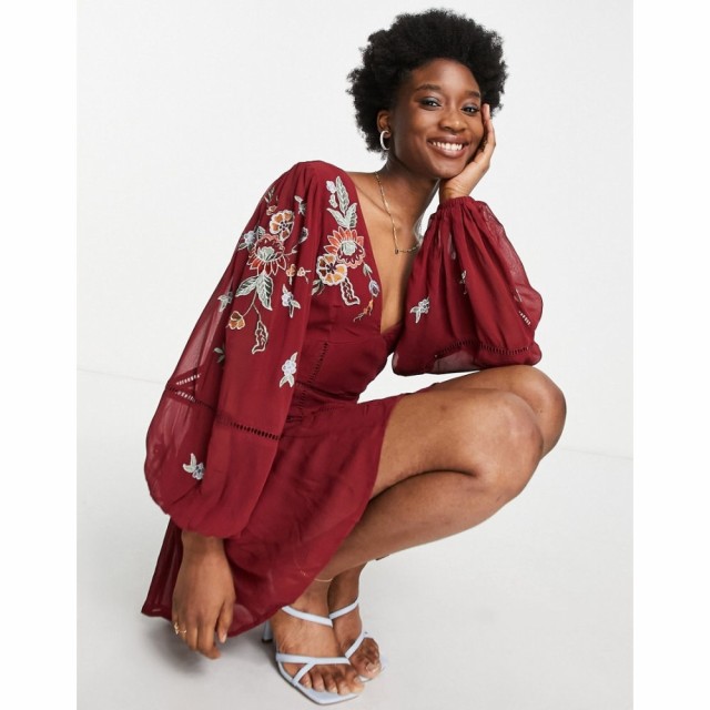 エイソス ASOS DESIGN レディース オールインワン ショート ワンピース・ドレス Embroidered Plunge Neck Smock Playsuit In Berry ベリ