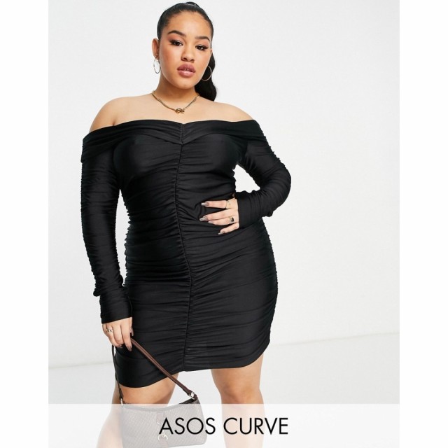 エイソス ASOS Curve レディース ワンピース ミニ丈 ワンピース・ドレス Curve Lbd Slinky Mini Dress With Ruche Front In Black ブラッ