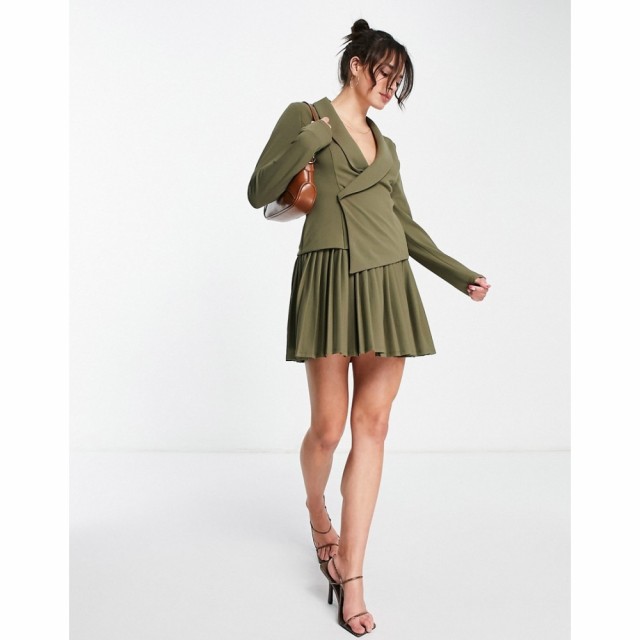 エイソス ASOS DESIGN レディース ワンピース ミニ丈 ワンピース・ドレス Long Sleeve Tux Pleated Skater Mini Dress In Khaki カーキ