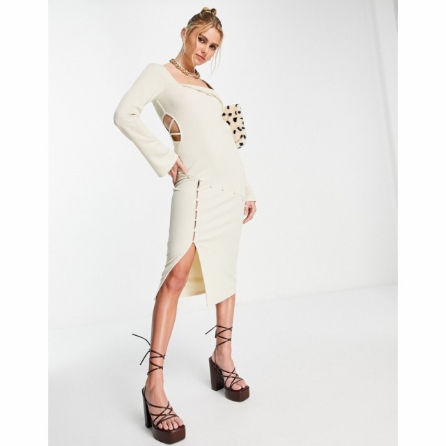 エイソス ASOS DESIGN レディース ワンピース ミドル丈 ワンピース・ドレス Ribbed Cut Out Button Detail Midi Dress In Cream クリーム