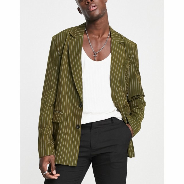 リクレイム ヴィンテージ Reclaimed Vintage メンズ スーツ・ジャケット アウター Inspired Pinstripe Blazer In Olive オリーブグリーン