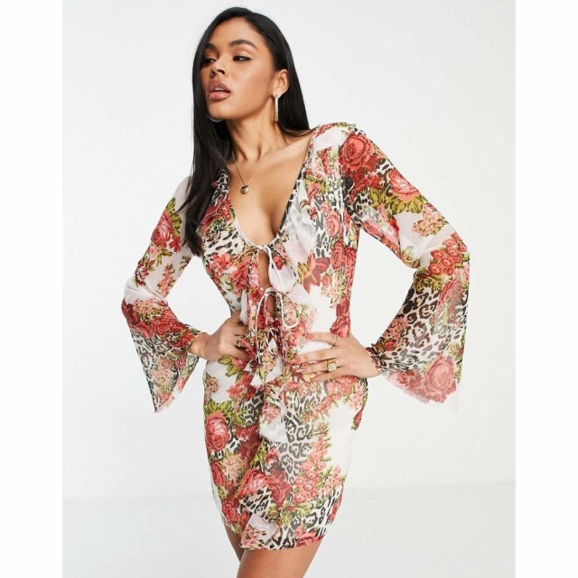 エイソス ASOS DESIGN レディース ワンピース ワンピース・ドレス Tie Front Flute Sleeve Mini Dress In Animal Floral Print