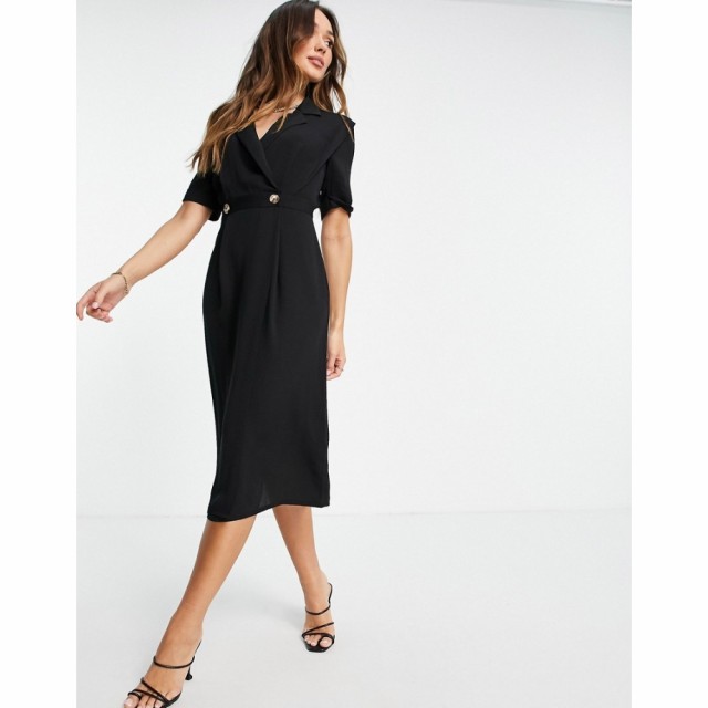 エイソス ASOS DESIGN レディース ワンピース ラップドレス ミドル丈 ワンピース・ドレス Wrap Tux Midi Dress With Shoulder Pads In Bl