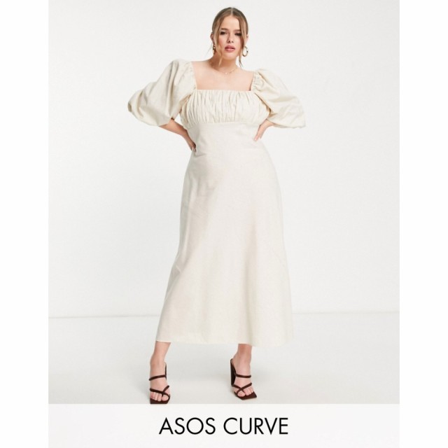 エイソス ASOS Curve レディース ワンピース ミドル丈 ワンピース・ドレス Curve Square Neck Midi Dress With Elastic Detail In Linen